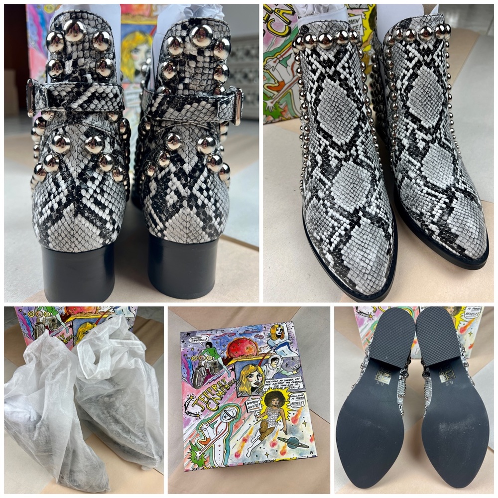 NEW Jeffrey Campbell Rylance Leather Studded Ankle Boots Gray Snake US 6.5 NWB